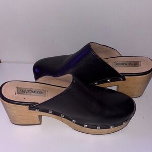 Steve Madden Black Leather Mules, block heel,studds#clogs#clubnights#baddie